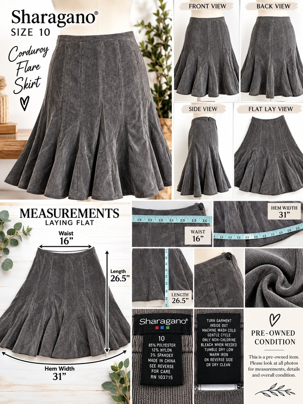 Sharagano Gray Corduroy Flare Skirt - Size 10